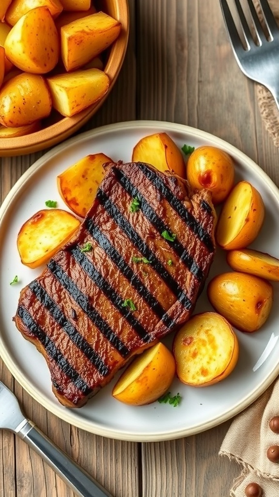 Air fryer steak with crispy potatoes, garnished with herbs on a rustic table.